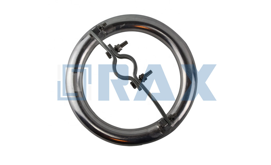 Corona ring tube on its mounting bracket with bolted clamp stack