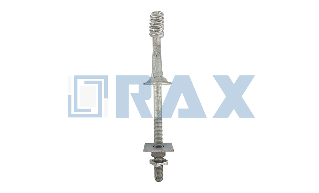 A forged crossarm pin with a lead thread and mounting hardware