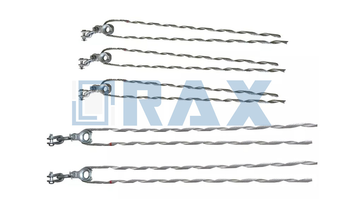 Formed dead end grip showing helical rods and cabled loop
