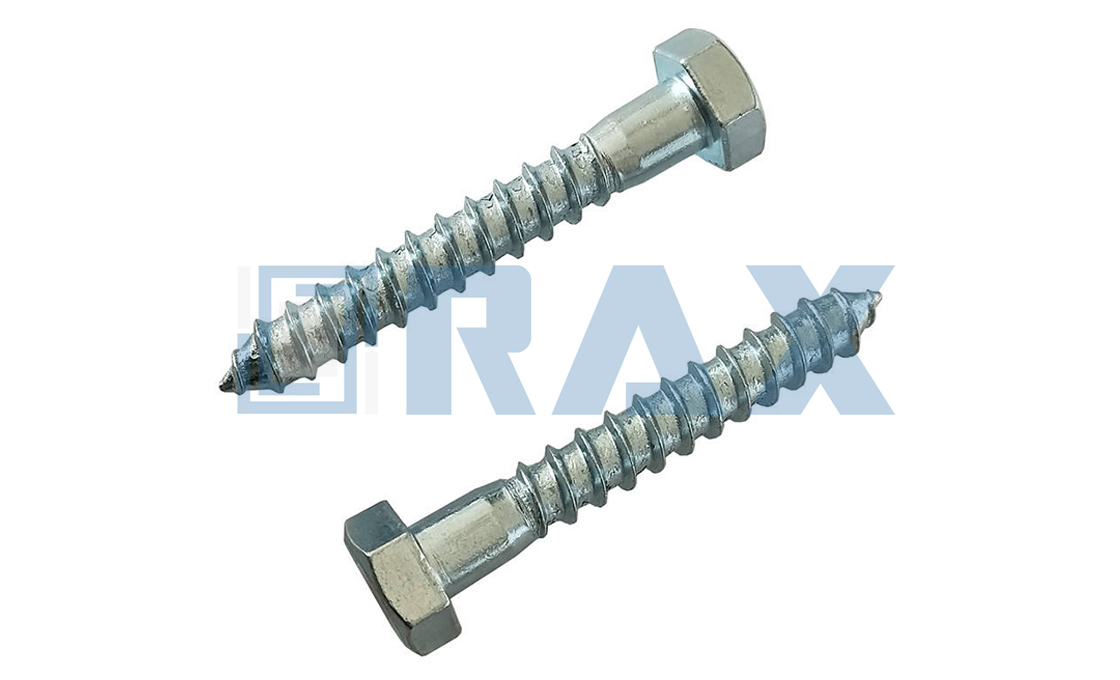 Two hex head lag screws with visible wood threads