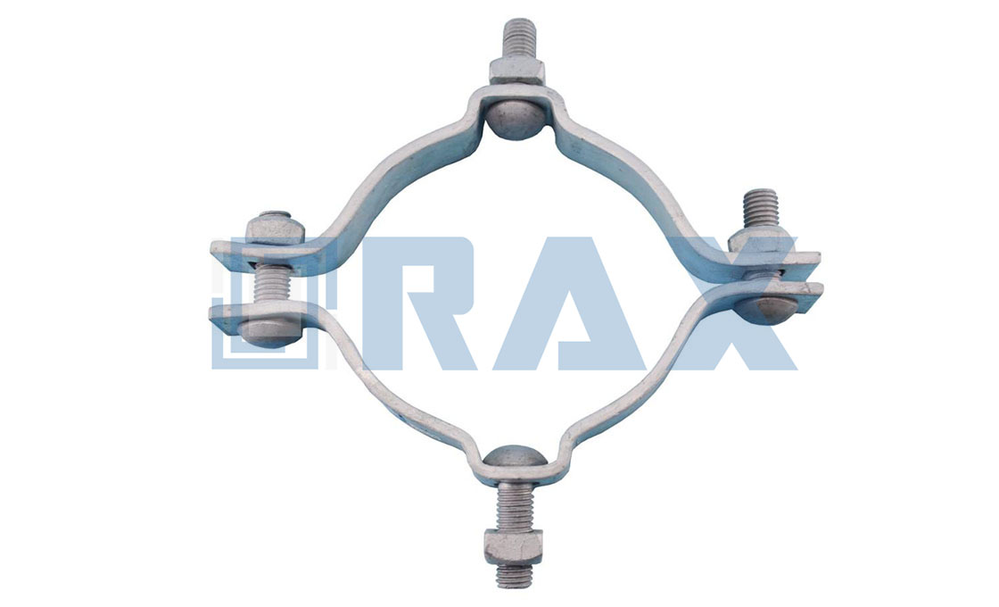 Hot-dip galvanized full-circle pole band with two through bolts, white background