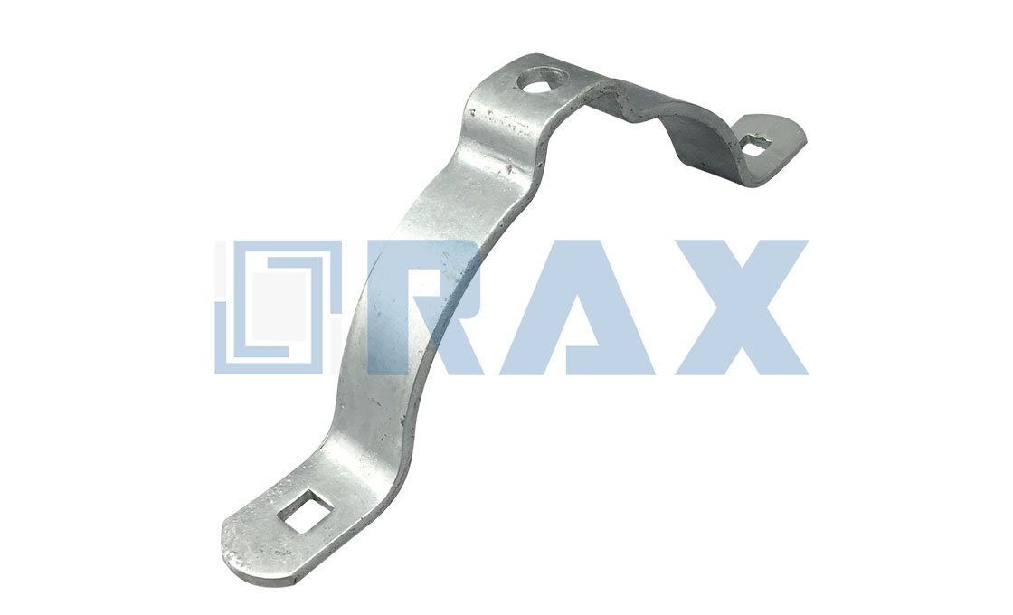 Hot-dip galvanized single offset pole band with a round bolt hole on the upper end and a square hole on the lower end
