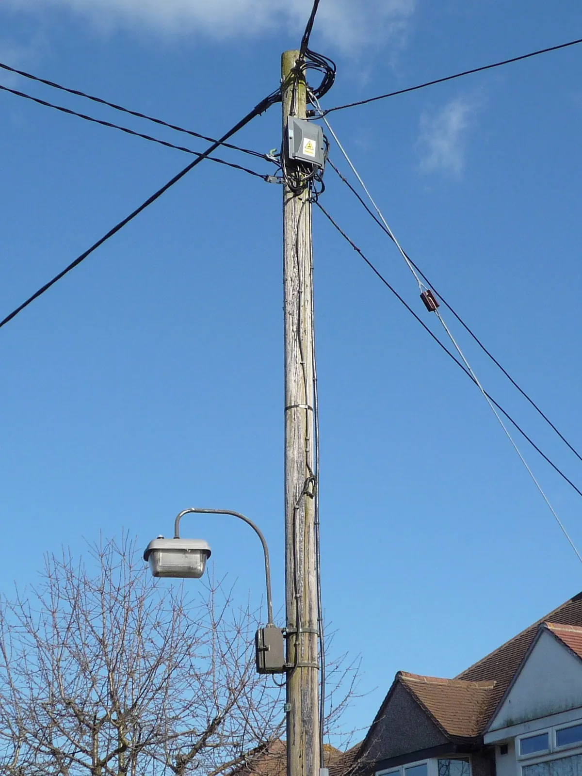 Twisted ABC bundle and clamps on a wooden utility pole