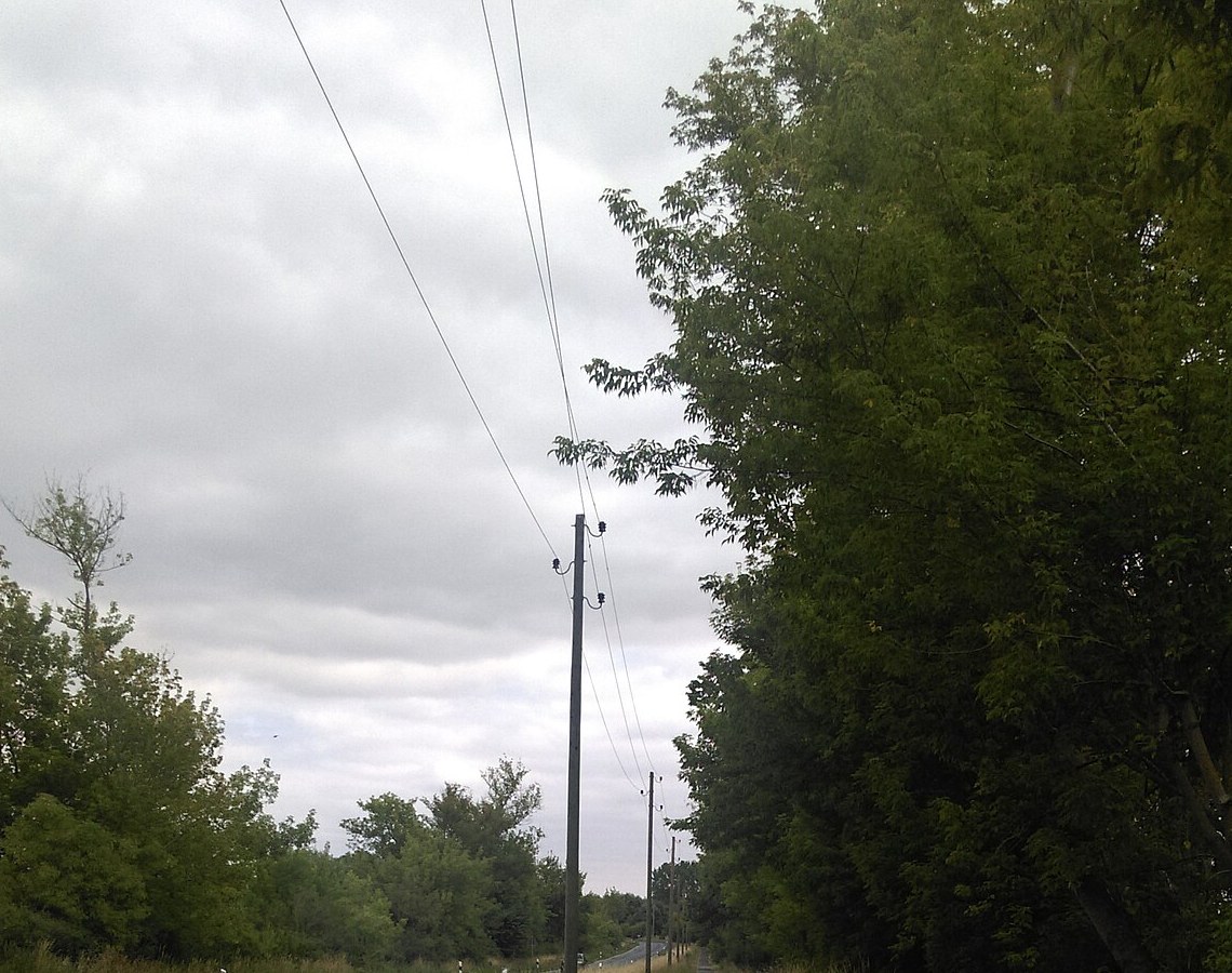 Wood pole distribution line with crossarm construction