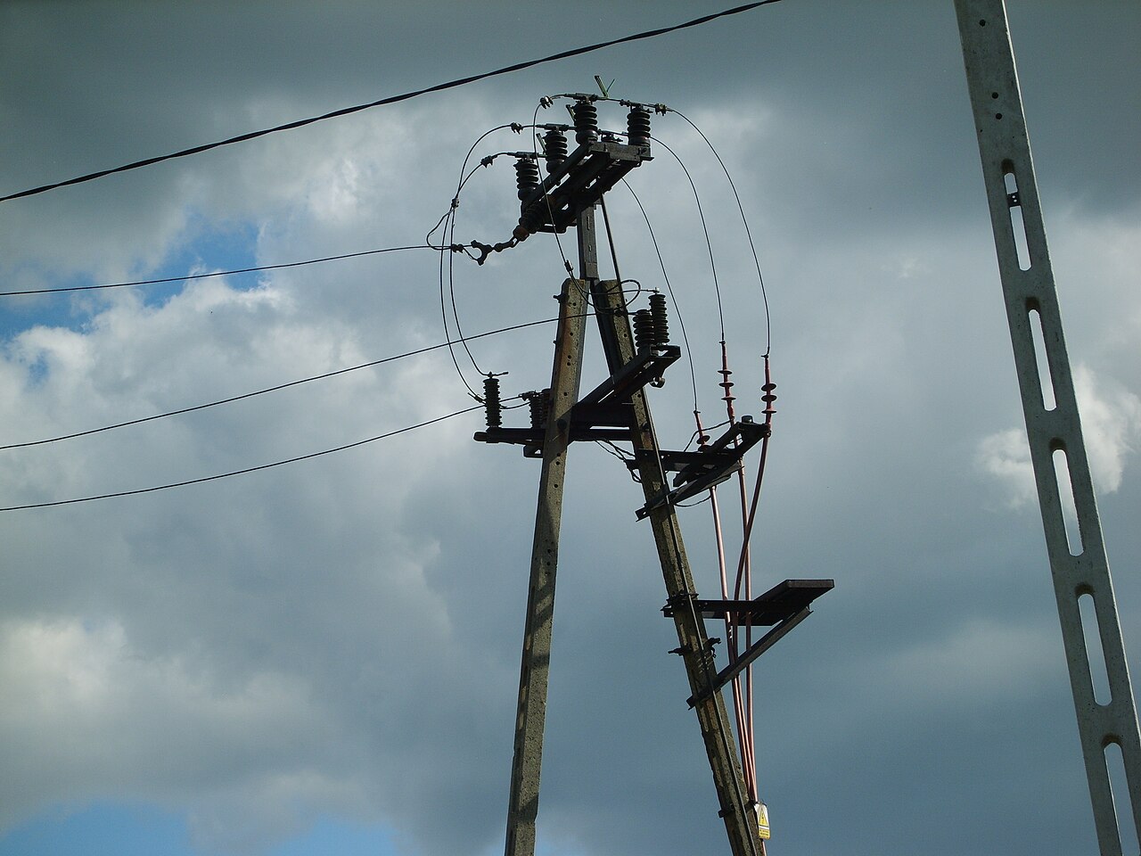 Wooden overhead line carrying ceramic pin insulators against a forest backdrop