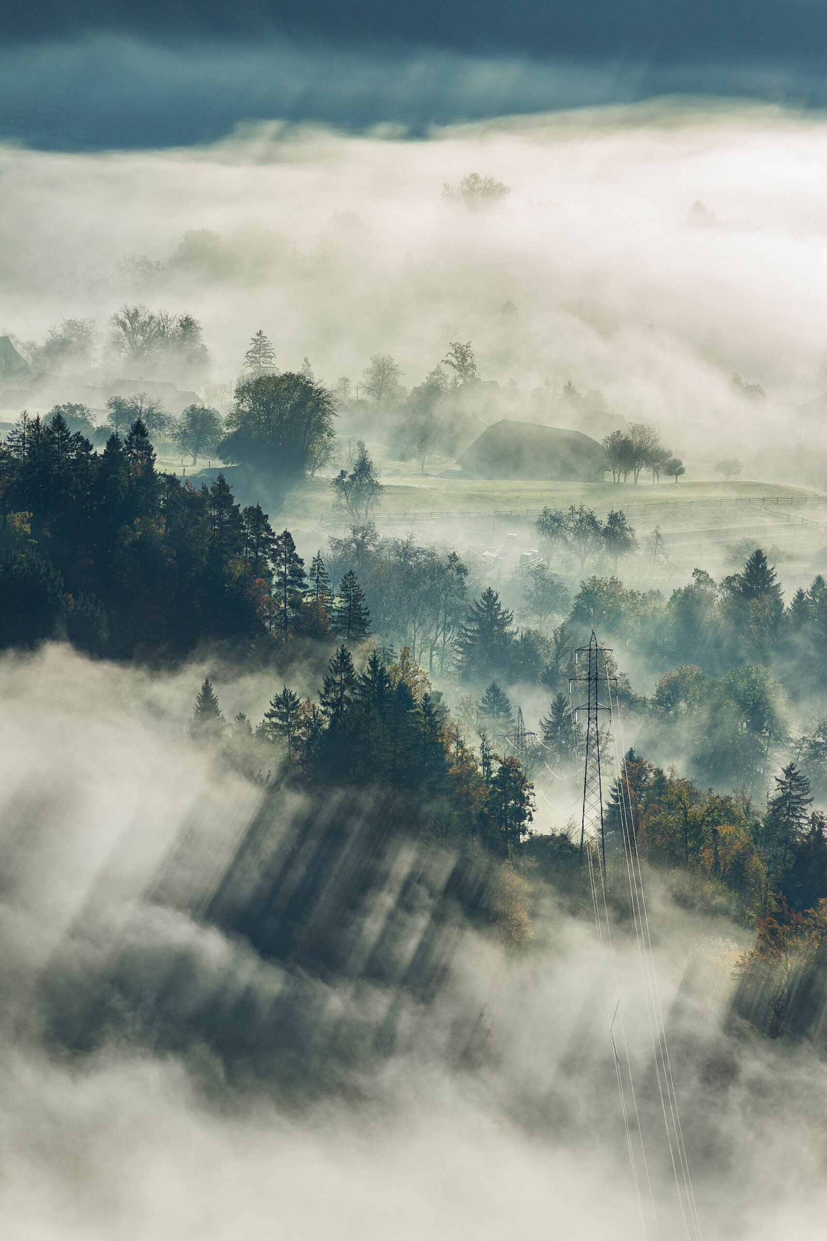 Transmission towers rising through valley fog