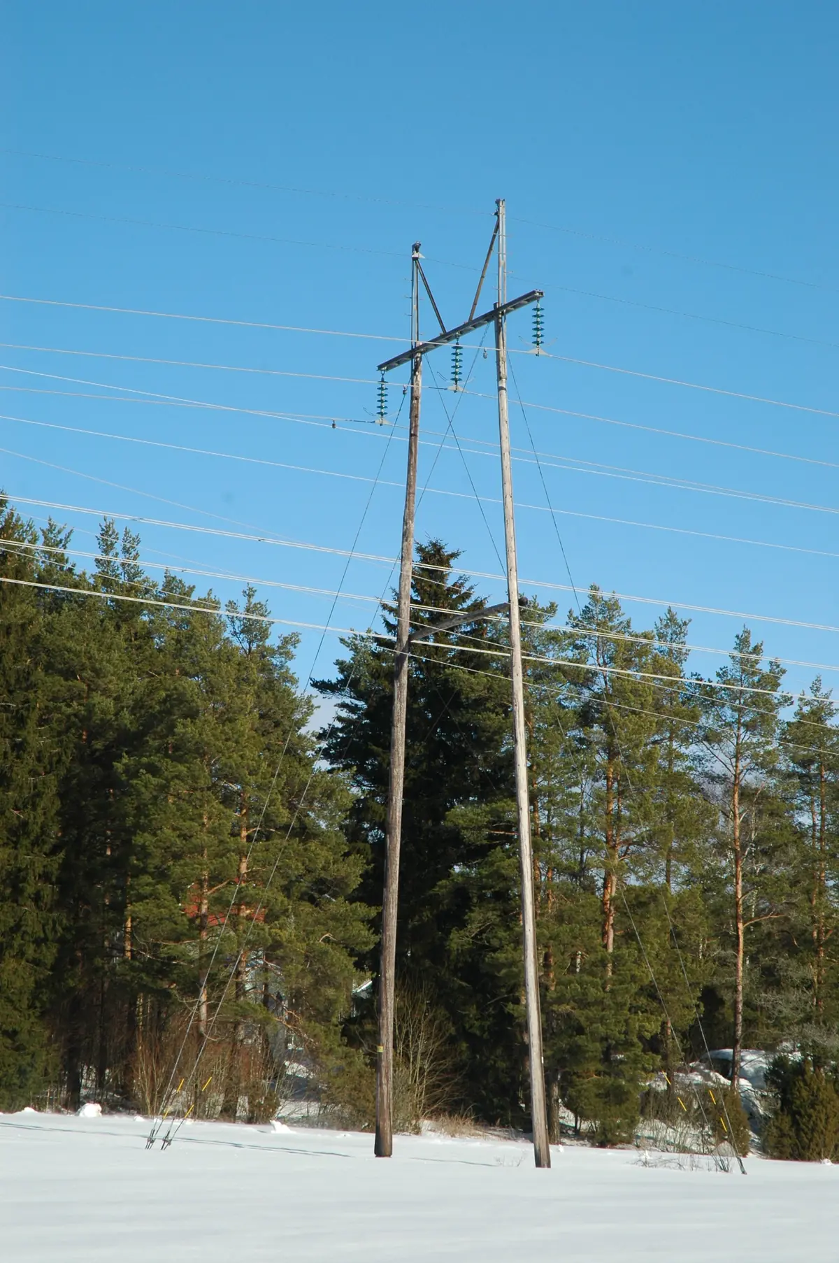 Poste de madera de distribución atado con tirantes corriendo hacia anclajes