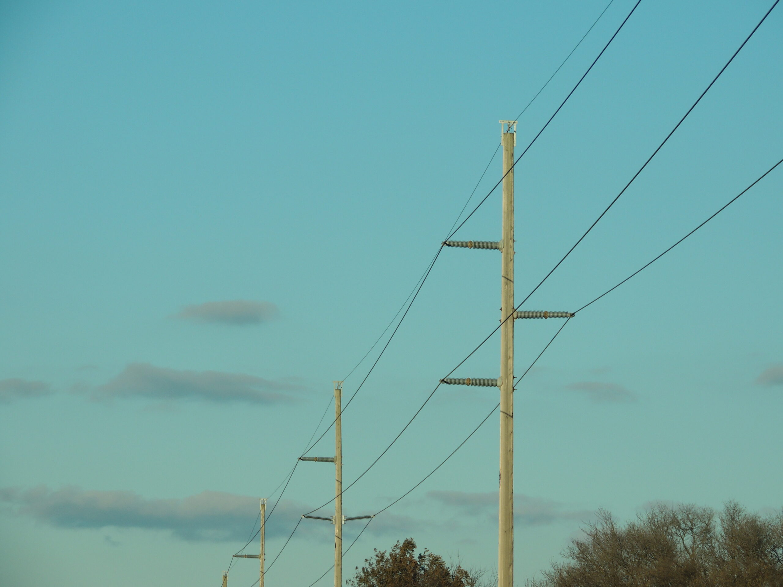 Horizontal line post insulators on wood transmission poles