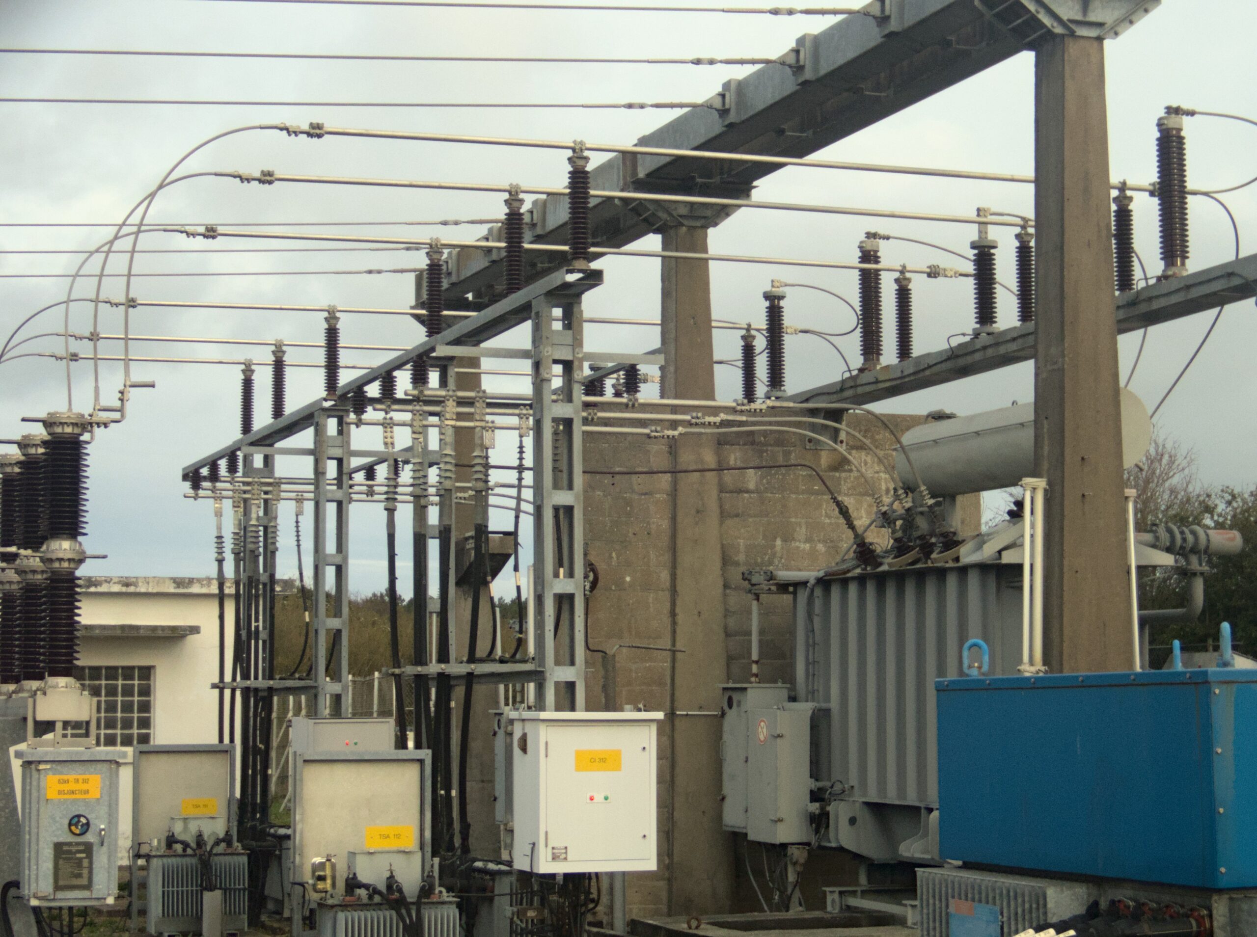 Porcelain station post insulators on substation structures