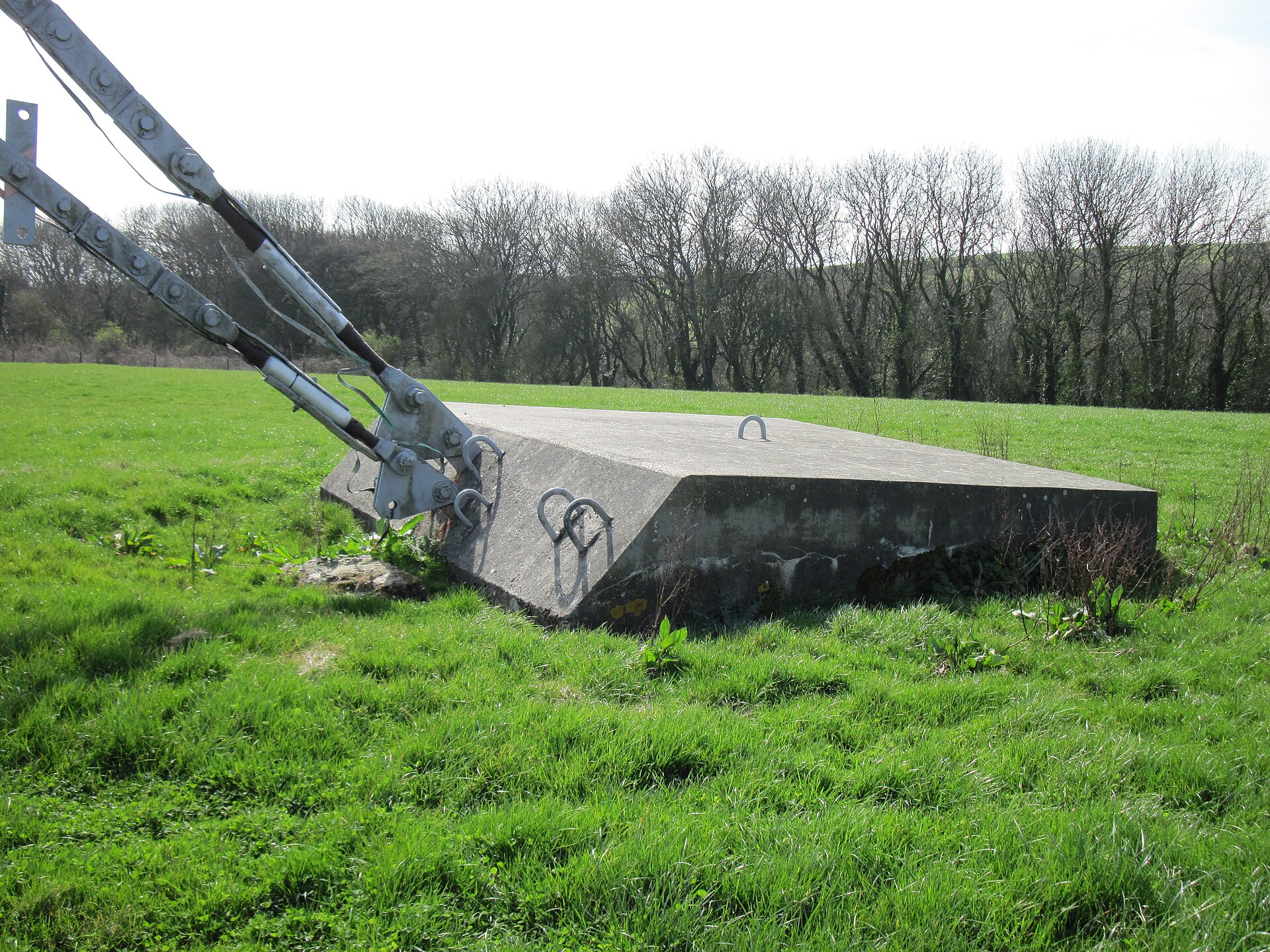 Guy wires converging at an engineered field anchor point with eye rods
