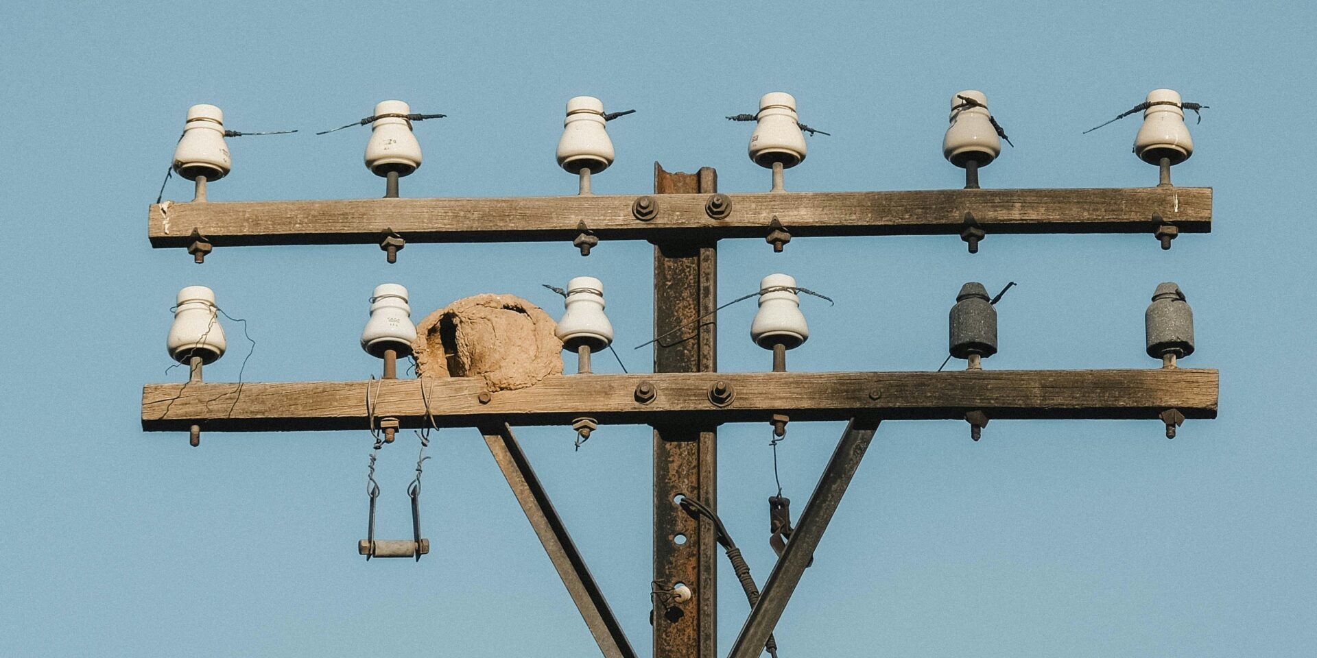 Wooden telephone pole with ceramic insulators against blue sky